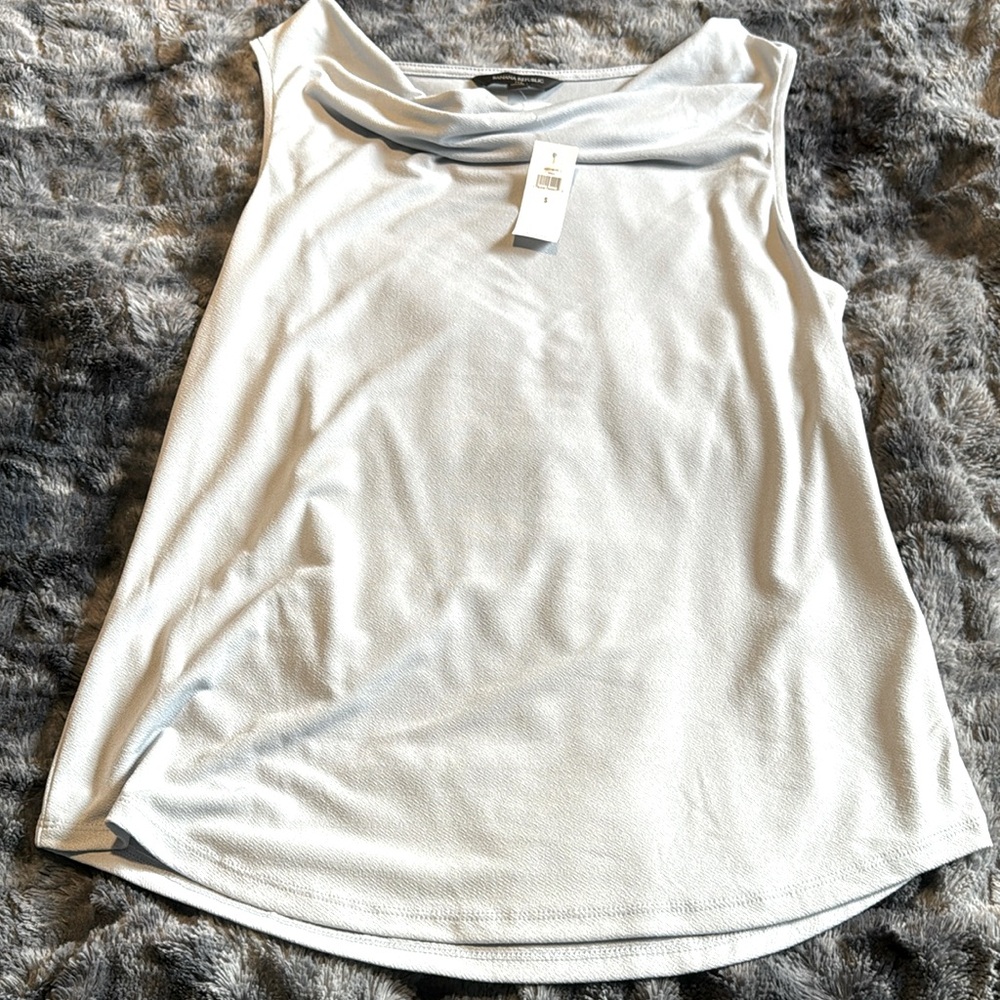 Banana Republic, cowl neck, silver, sleeveless blouse. Tags on. Size small.